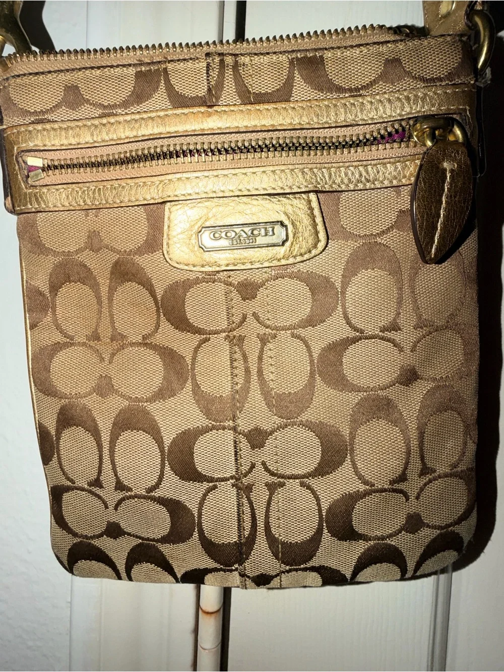 Vintage Coach Khaki and Brown Signature Crossbody